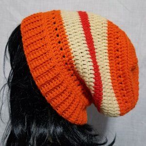 Handmade Crochet Red, Orange, Yellow Unisex Slightly Slouchy Beanie, Hat, Cap